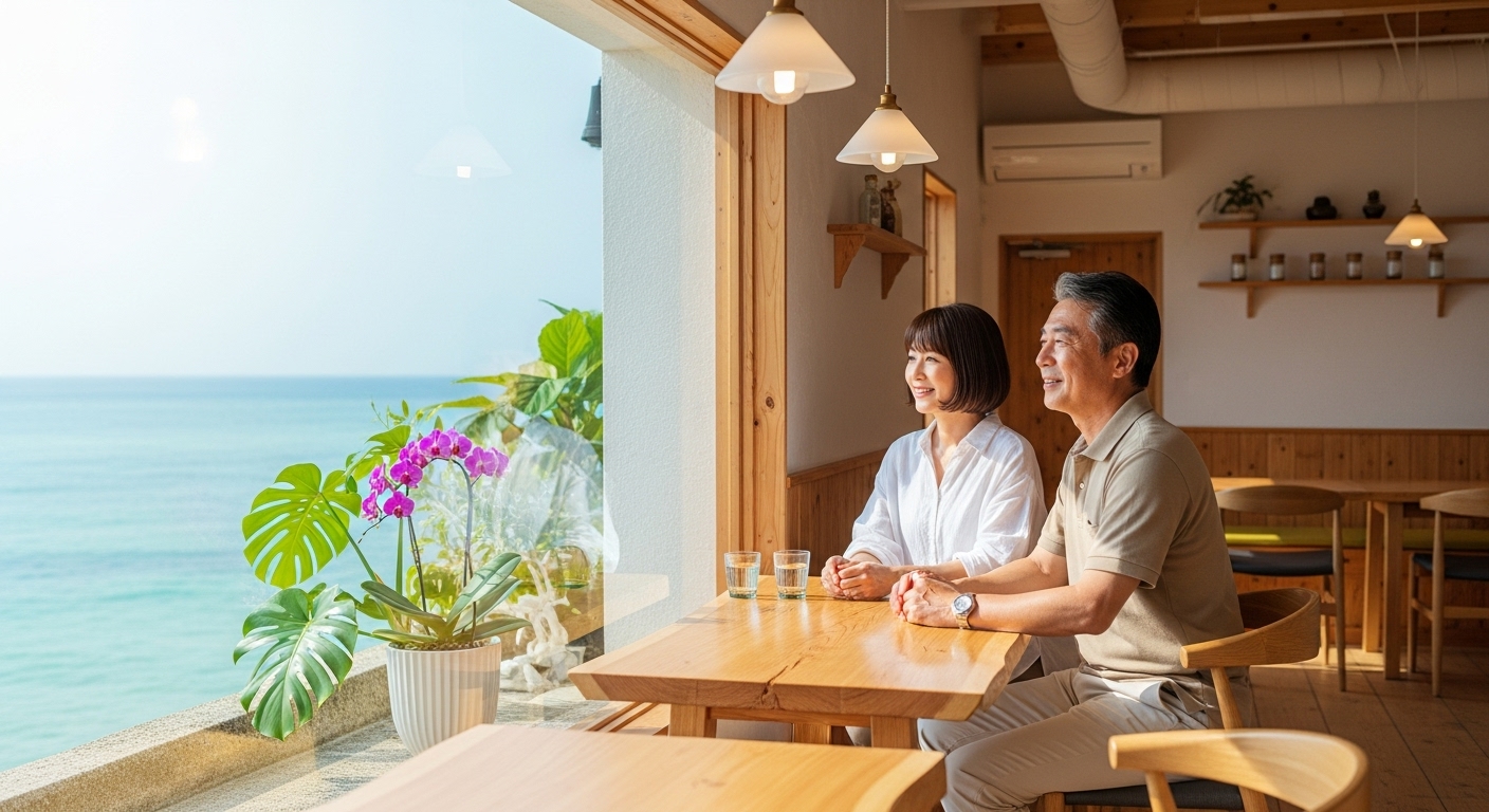 沖縄の海辺のカフェで穏やかに語り合う40代・50代の男女