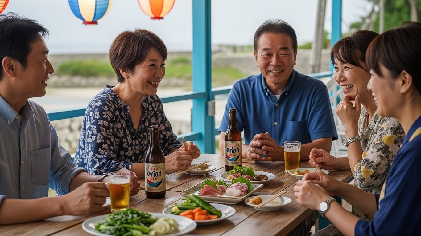 沖縄の海辺カフェで談笑する40〜60代の男女の婚活パーティーの様子